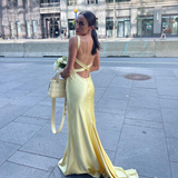 Yellow Sheath Long Prom Dress Satin Evening Party Dress HZ0319