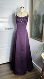 Purple Straps A-Line Beading Satin Long Party Dress Vintage Evening Dress, HZ0319