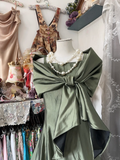 Vintage Green Satin Shawl Design Elegant A-Line Long Evening Dress Prom Dresses HZ0319