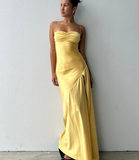 Spaghetti Straps Yellow Long Sheath Prom Dress With Slit HZ0319