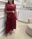 Wine Red Long Sleeves A-Line Tiered Long Formal Prom Dress HZ0319
