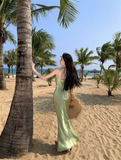 Vintage Green Floral Mermaid Spaghetti Strap Design Satin Prom Dress Evening Dress HZ0319