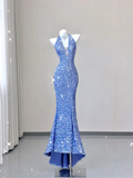 Blue V Neck Halter Sequins Sheath Long Party Dress Birthday Outfits HZ0319