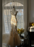 Elegant Mermaid Golden Sparkling Strapless Elegant Beaded Shinny Chiffon Evening Dress Prom Dress HZ0319