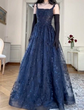 Navy Blue Straps A-Line Lace Long Prom Dress Evening Gown HZ0319