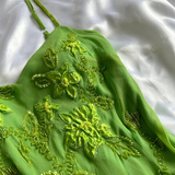 Green Spaghetti Straps Ruffles Sheath Vintage Long Party Dress HZ0319