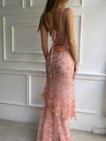 Gorgeous Red Straps Beading Lace Mermaid Long Party Dress Birthday Outfits HZ0319