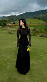 Sexy Black A-Line Long Sleeves Lace Long Party Dress Evening Dress, HZ0319