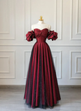 Wine Red Sweetheart A-Line Tulle Satin Long Formal Party Dress HZ0319