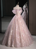 Pink Off Shoulder A-Line Tulle Maxi Dress Floral Long Prom Dress HZ0319