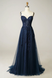 Navy Straps A-Line Tulle Appliques Classy Long Prom Dress HZ0319