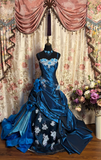 Navy Blue Straps A-Line Satin Appliques Long Prom Dress Evening Ball Gown, HZ0319