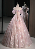 Pink Off Shoulder A-Line Tulle Maxi Dress Floral Long Prom Dress HZ0319