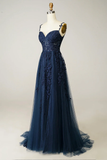 Navy Straps A-Line Tulle Appliques Classy Long Prom Dress HZ0319
