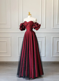 Wine Red Sweetheart A-Line Tulle Satin Long Formal Party Dress HZ0319