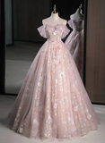 Pink Off Shoulder A-Line Tulle Maxi Dress Floral Long Prom Dress HZ0319