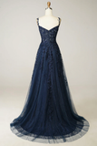 Navy Straps A-Line Tulle Appliques Classy Long Prom Dress HZ0319