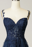 Navy Straps A-Line Tulle Appliques Classy Long Prom Dress HZ0319