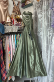 Vintage Green Satin Shawl Design Elegant A-Line Long Evening Dress Prom Dresses HZ0319