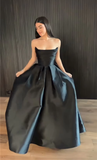 Black Strapless A-Line Satin Long Formal Party Dress Evening Gown HZ0319