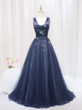 Elegant Navy Straps A-Line Tulle Long Prom Dress HZ0319