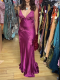 Fuchsia V Neck Sheath Vintage Long Evening Party Dress HZ0319