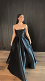 Black Strapless A-Line Satin Long Formal Party Dress Evening Gown HZ0319