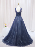 Elegant Navy Straps A-Line Tulle Long Prom Dress HZ0319