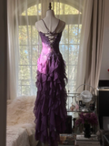 Purple Strapless A-Line Ruffles Long Prom Dress Vintage Evening Party Dress, HZ0319
