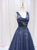 Elegant Navy Straps A-Line Tulle Long Prom Dress HZ0319