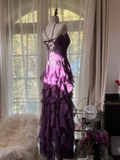 Purple Strapless A-Line Ruffles Long Prom Dress Vintage Evening Party Dress, HZ0319