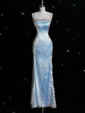 Blue Straps Tassels Long Formal Party Dress Birthday Outfits HZ0319