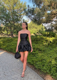 Black Strapless Sheath Ruffles Short Party Dress Homecoming Dress HZ0319