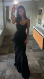 Sexy Black Spaghetti Straps Ruffles Sheath Long Evening Party Dress HZ0319