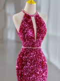 Elegant Fuchsia Halter Sequins Mermaid Long Evening Party Dress HZ0319