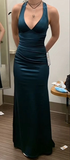 Dark Green V Neck Halter Mermaid Satin Long Prom Dress HZ0319