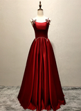 Wine Red Straps A-Line Satin Long Formal Party Dress with Pearls HZ0319