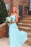 Light Blue Straps A-Line Ruffles Long Prom Dress Graduation Dress HZ0319