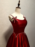Wine Red Straps A-Line Satin Long Formal Party Dress with Pearls HZ0319