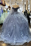Grey Blue Off Shoulder Appliques Quinceanera Dress Sweet 16 Ball Gown HZ0319