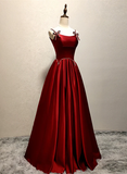 Wine Red Straps A-Line Satin Long Formal Party Dress with Pearls HZ0319