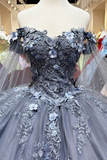 Grey Blue Off Shoulder Appliques Quinceanera Dress Sweet 16 Ball Gown HZ0319