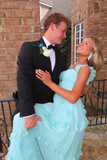 Light Blue Straps A-Line Ruffles Long Prom Dress Graduation Dress HZ0319
