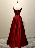 Wine Red Straps A-Line Satin Long Formal Party Dress with Pearls HZ0319