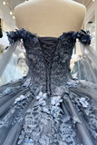 Grey Blue Off Shoulder Appliques Quinceanera Dress Sweet 16 Ball Gown HZ0319