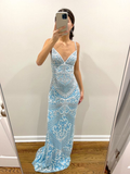 Blue Spaghetti Straps V Neck Beading Mermaid Long Prom Dress HZ0319