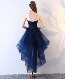 Retro Navy Blue Strapless Ruffled Hem Design A-line Tulle Party Dress Homecoming Dress HZ0319