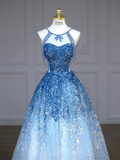 Blue Halter A-Line Tulle Sequins Long Party Dress Birthday Outfits HZ0319