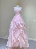 Pink Strapless A-Line Chiffon Ruffles Long Party Dress Birthday Outfits HZ0319