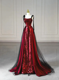 Stunning Wine Red Straps Sequins Mermaid Long Evening Party Dress HZ0319